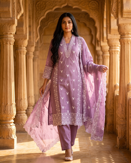 Purple Butterfly Chikankari Kurti Set – Cotton, White Embroidery