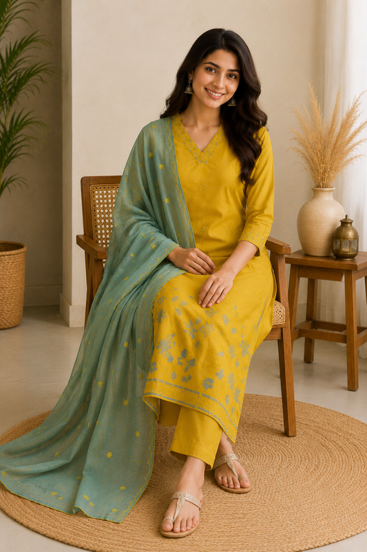 Mustard Yellow Embroidered Kurti Set with Powder Blue Dupatta