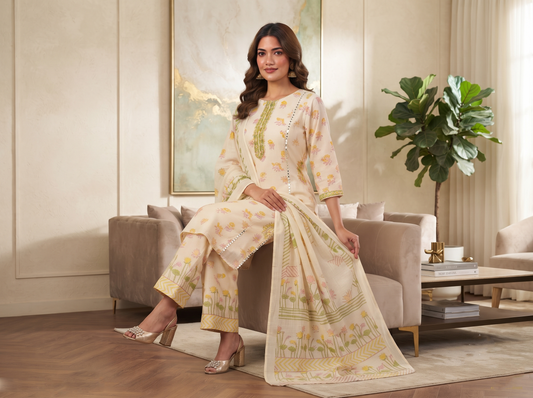 Ivory White with Mustard Yellow & Sage Green Floral Print Kurti Set
