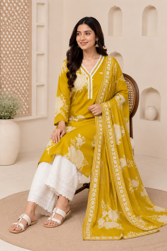 Mustard Yellow Floral Print Kurti Set