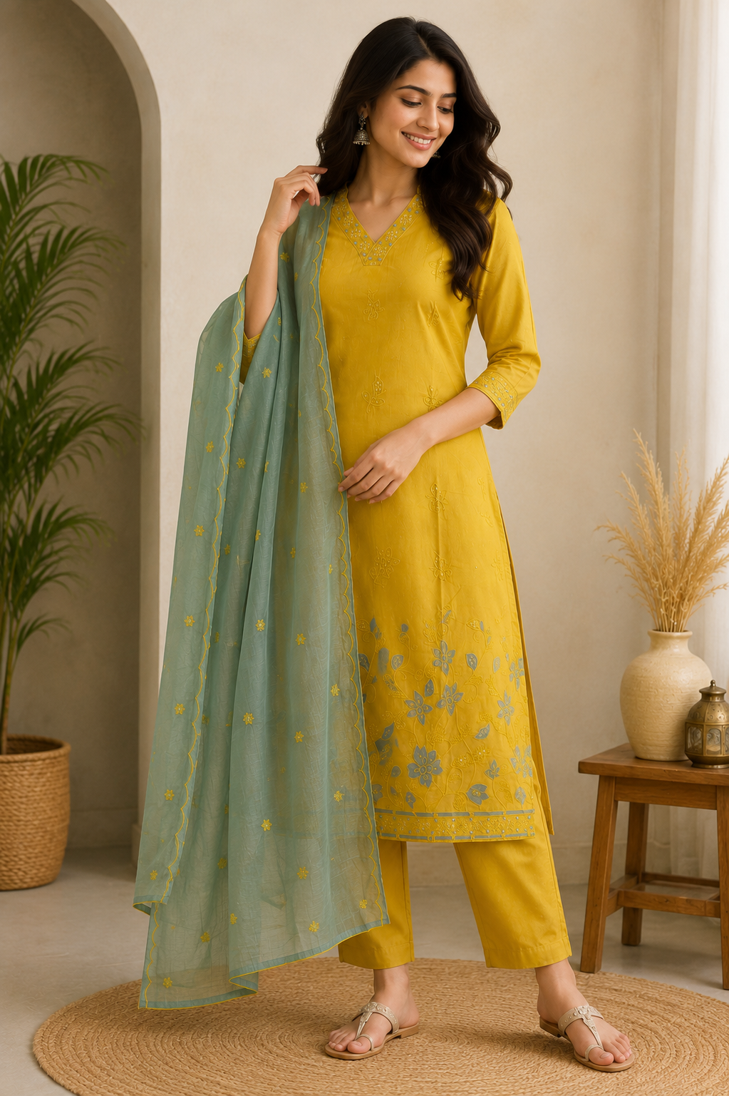 Mustard Yellow Embroidered Kurti Set with Powder Blue Dupatta