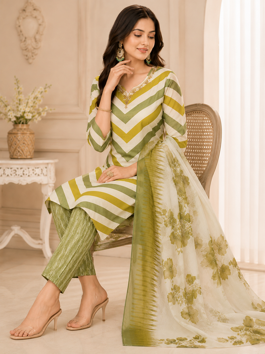 Sage Green Chevron Print Kurti Set