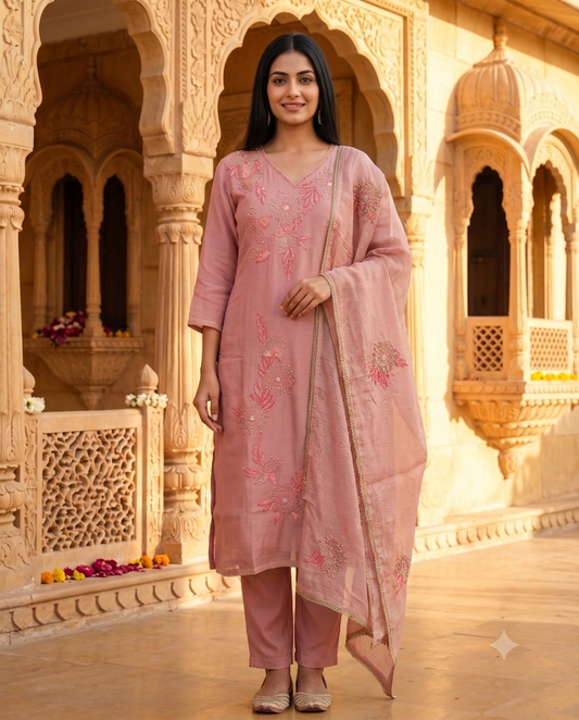 Soft Peach/Salmon Pink Floral Embroidered Kurti Set