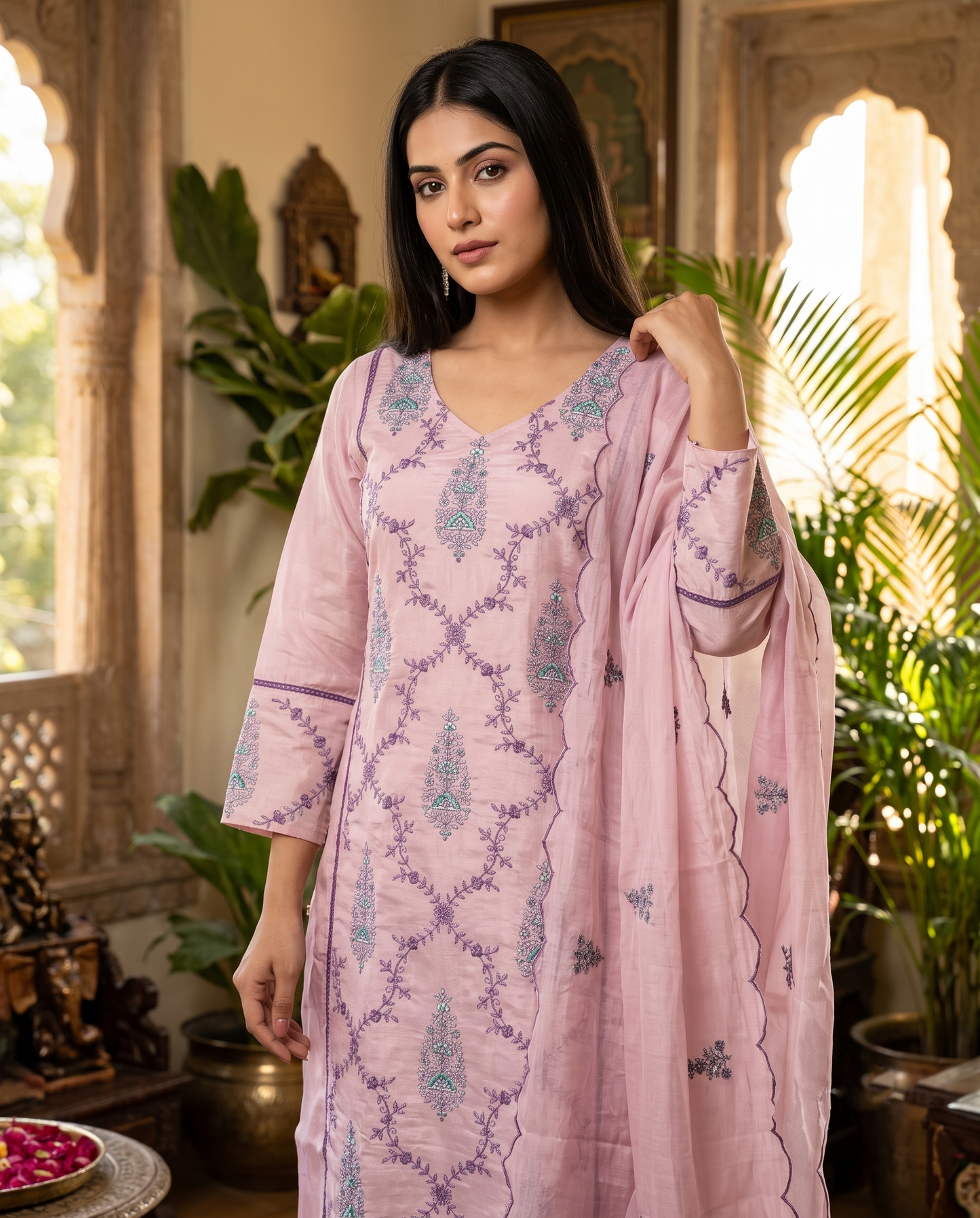 Dusty Rose Embroidered Kurti Set with Net Dupatta