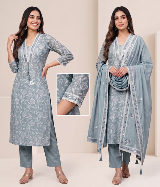 Soft pastel aqua blue Floral Embroidered Kurti Set