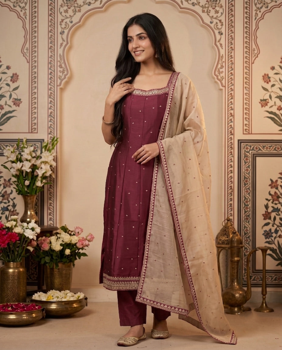 Wine Red Embroidered Kurti Set with Beige Dupatta