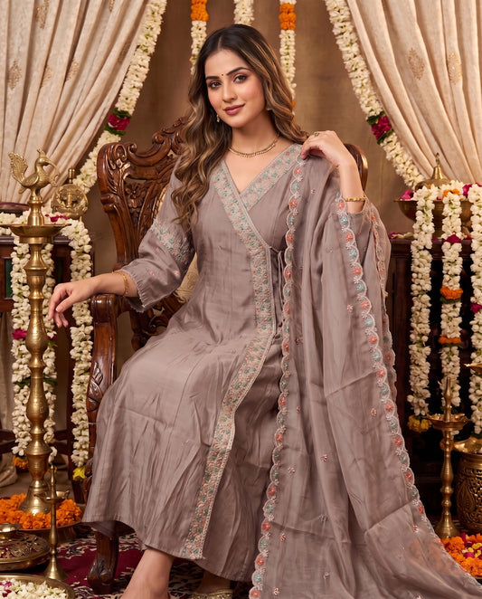 Warm beige Embroidered Kurti Set with Dupatta