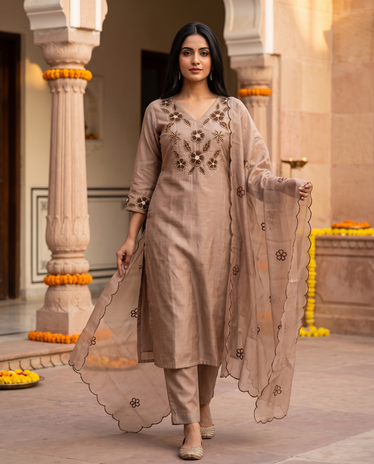 Taupe Floral Embroidered Kurti Set