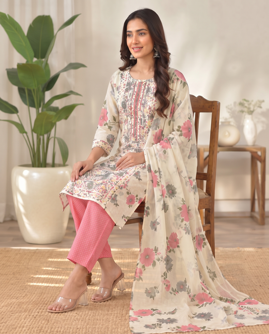 Ivory Multi-Floral Printed Kurti Set with Pink Pants & Floral Dupatta