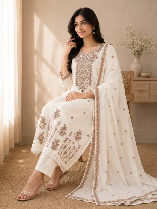 Off-White Mauve Geometric Embroidered Kurti Set