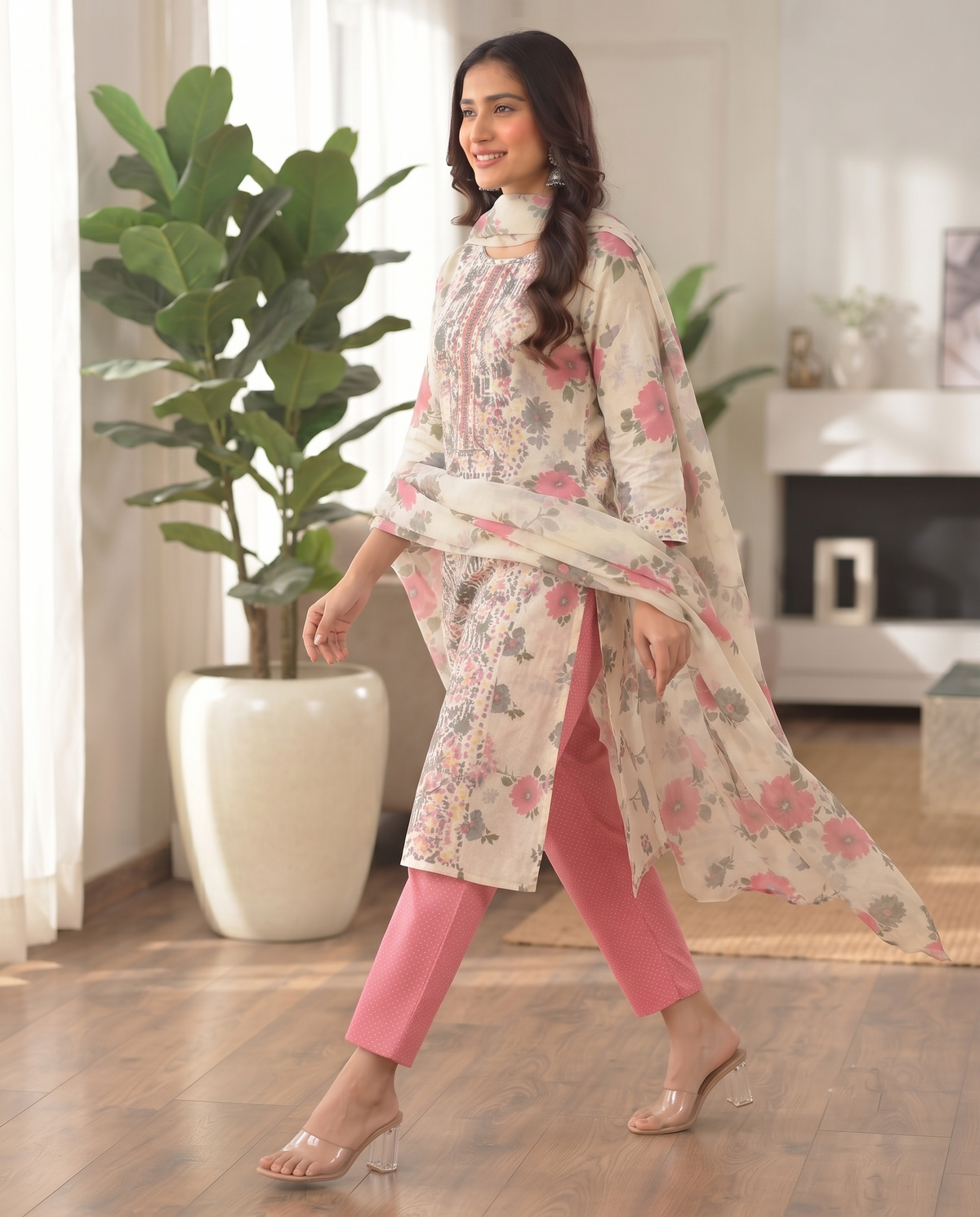 Ivory Multi-Floral Printed Kurti Set with Pink Pants & Floral Dupatta