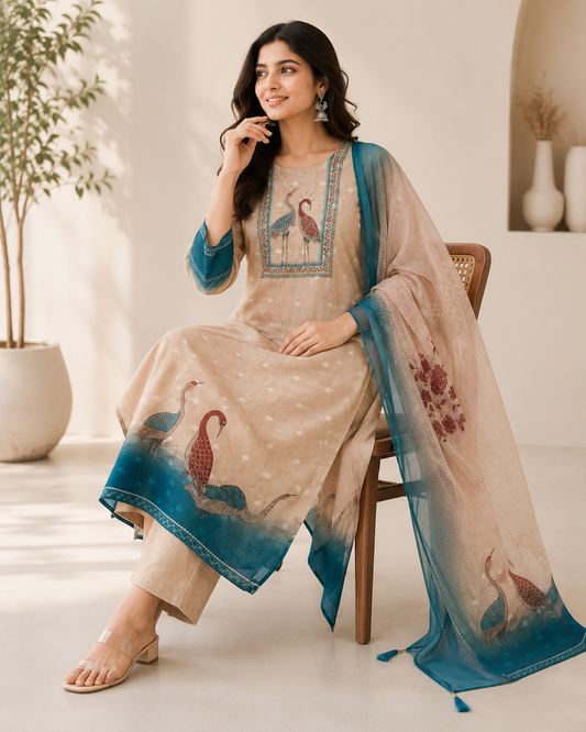 Crane Print Kurti Set