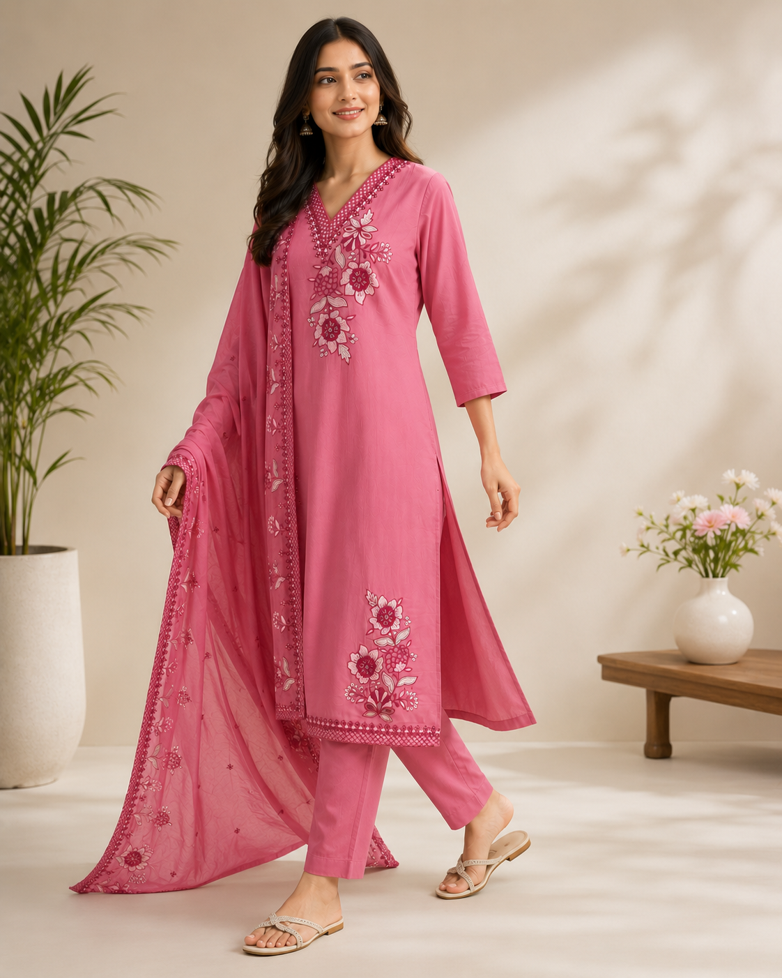 Peach Pink Floral Embroidered Kurti Set