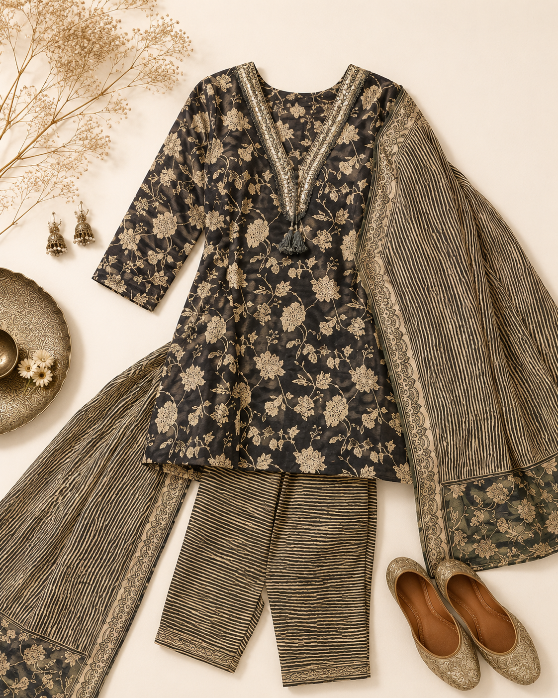 Black Gold Floral Jaal Kurti Set