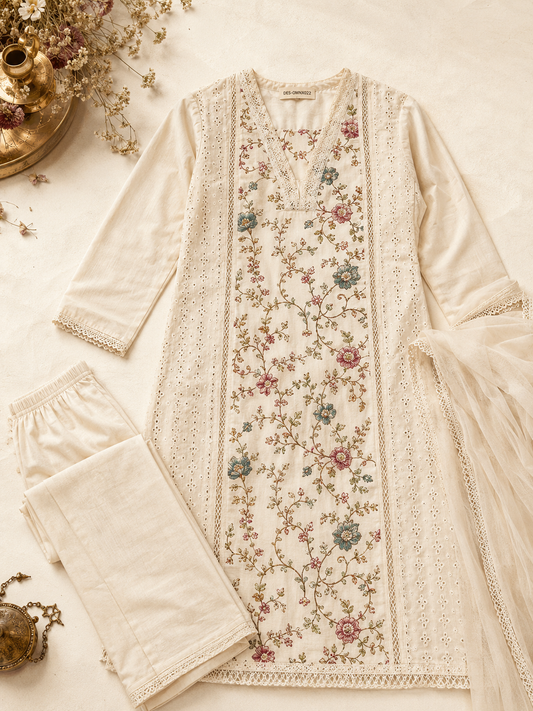 Ivory Floral Embroidered Kurti Set
