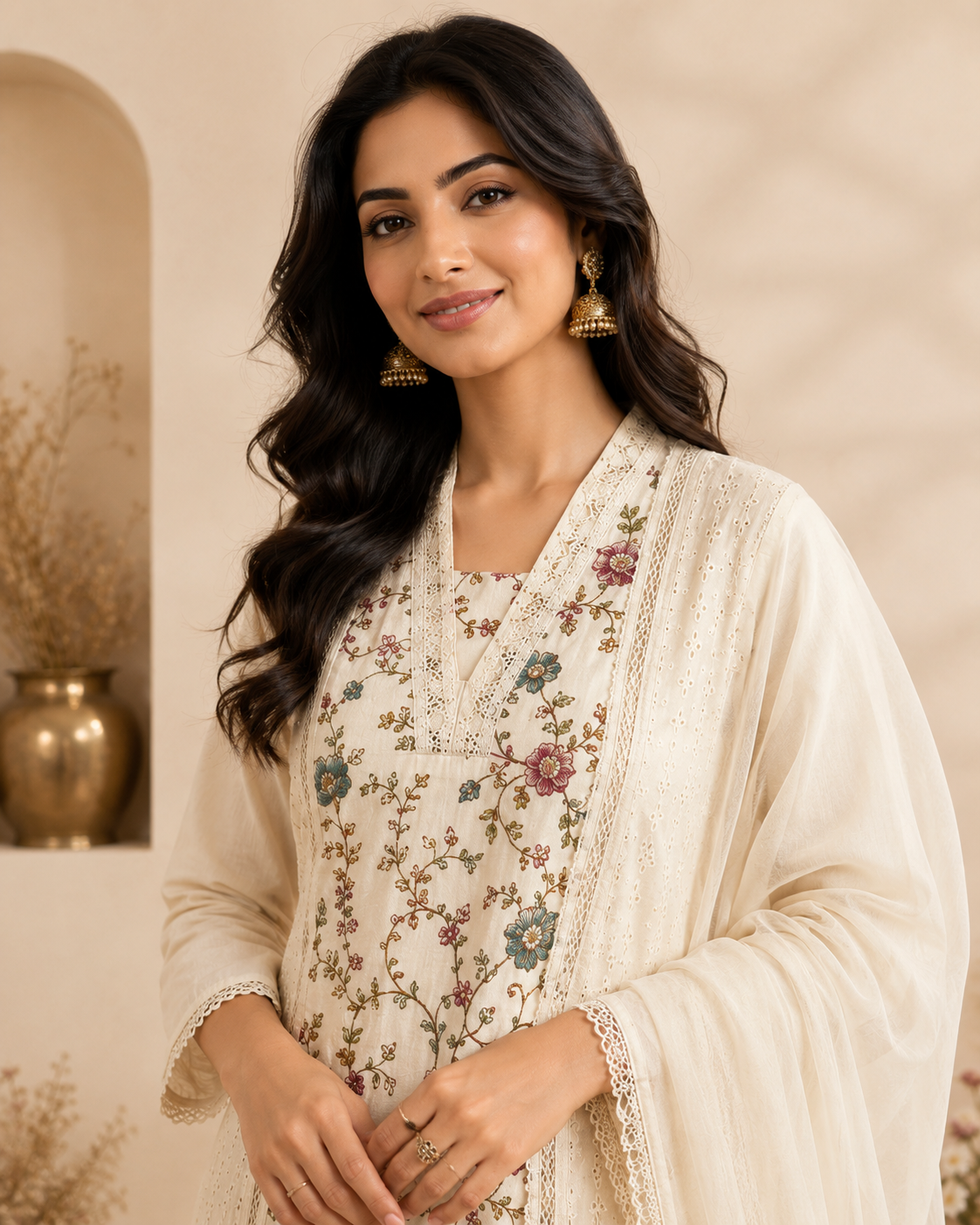 Ivory Floral Embroidered Kurti Set