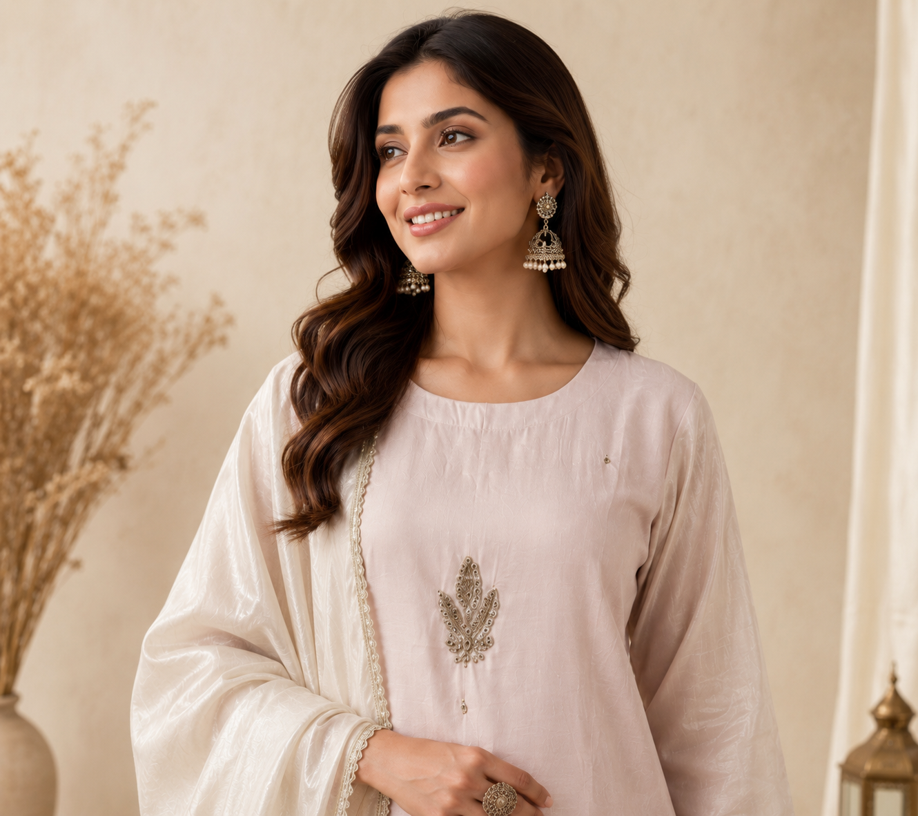 Beige Gold Zari Embroidered Kurti Set