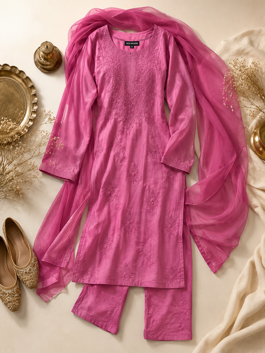 Hot Pink Chikankari Embroidered Kurti Set