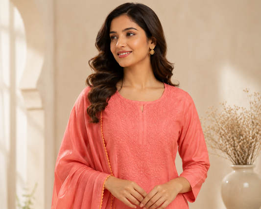 Coral Bloom Chikankari Kurta Set with Dupatta