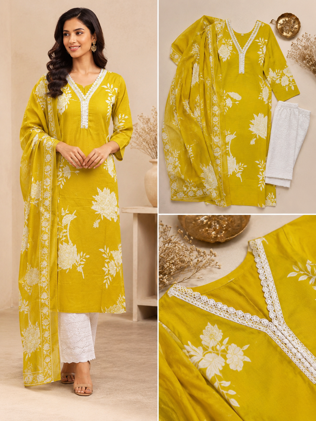Mustard Yellow Floral Print Kurti Set