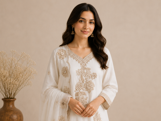 White Gold Zari Embroidered Kurti Set