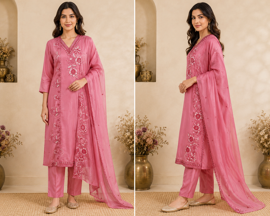 Peach Pink Floral Embroidered Kurti Set