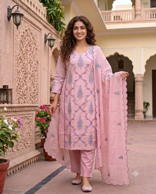 Dusty Rose Embroidered Kurti Set with Net Dupatta
