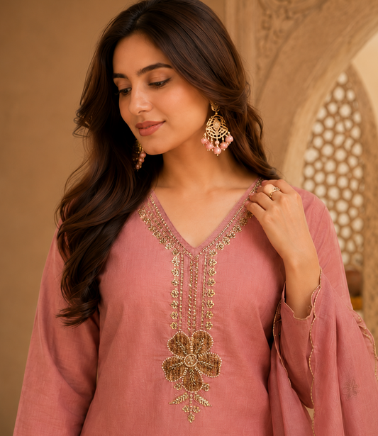 Dusty Rose Pink Zardozi Floral Kurti Set