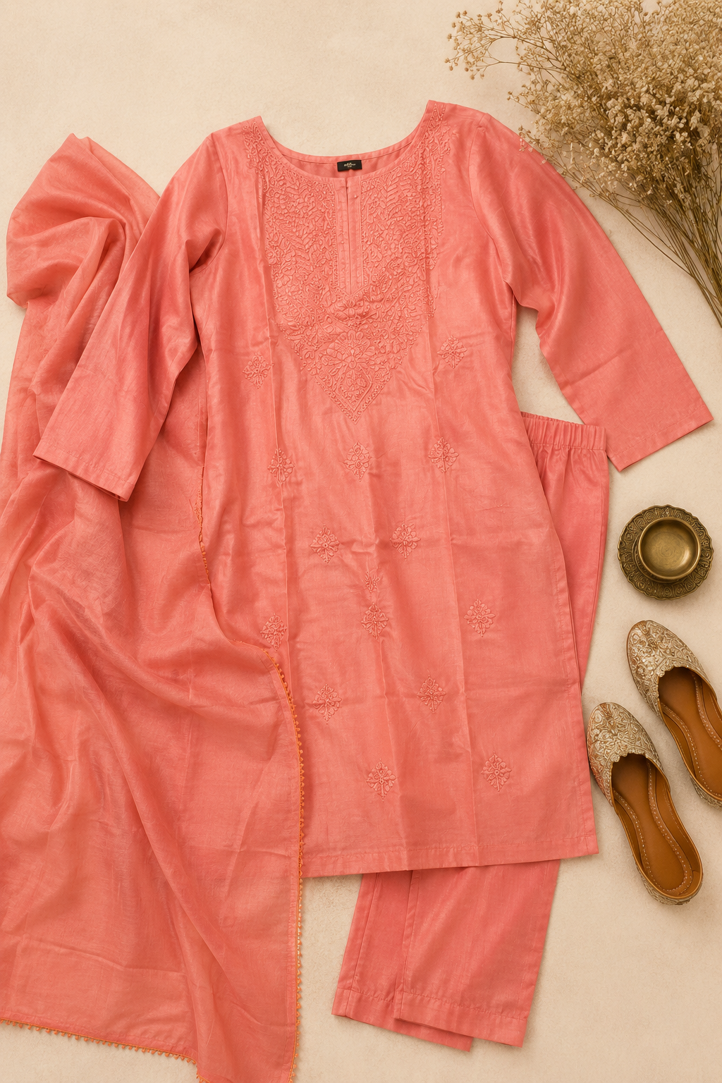 Coral Bloom Chikankari Kurta Set with Dupatta