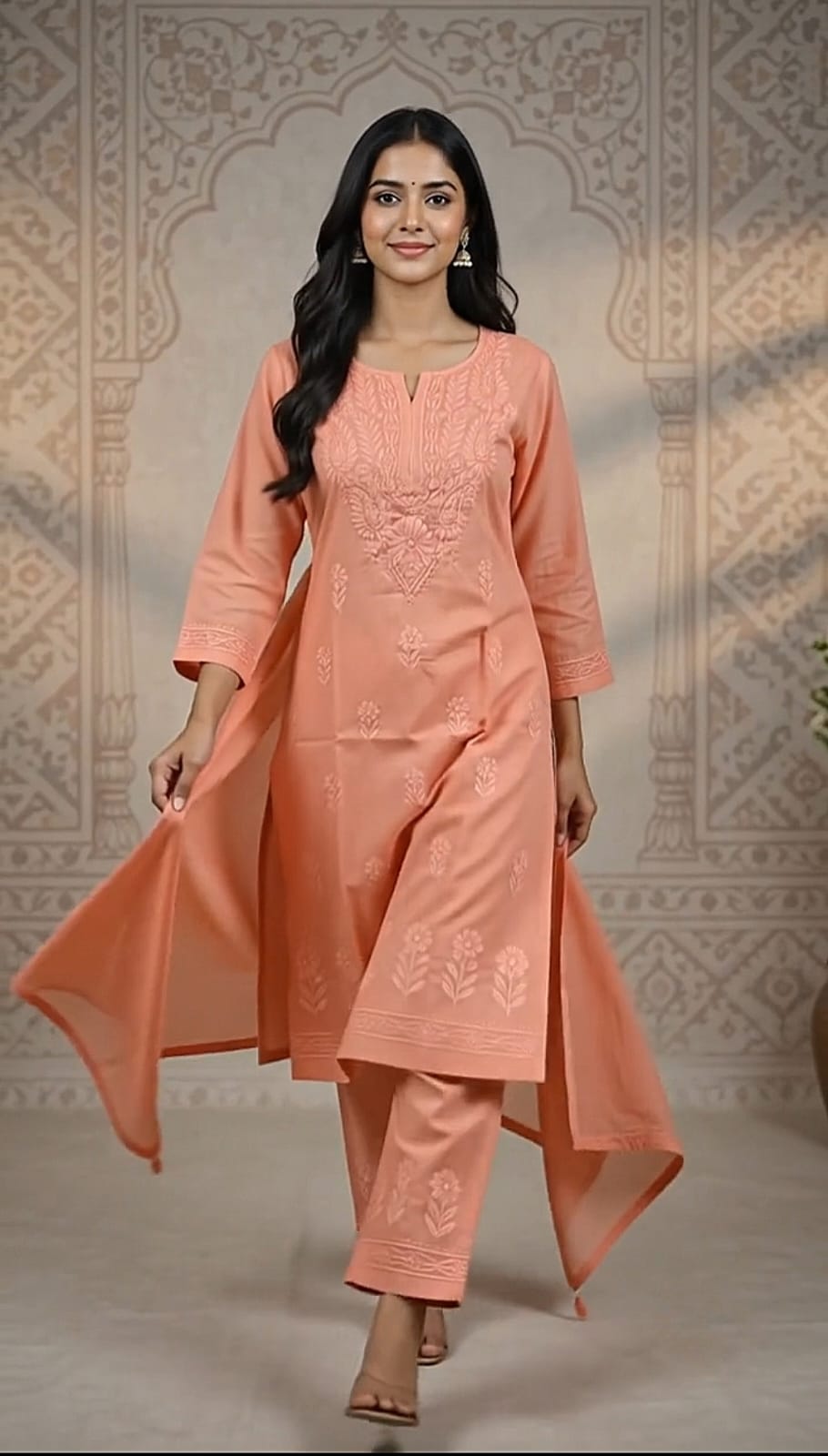 Coral Chikankari Kurta Set – Floral Thread Embroidery