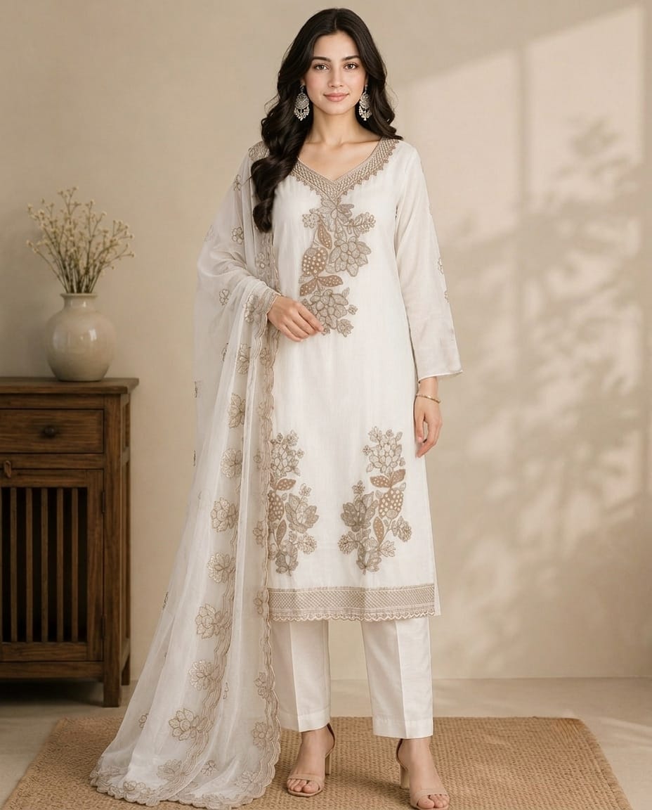 White Gold Zari Kurti Set – Heavy Zari Embroidery