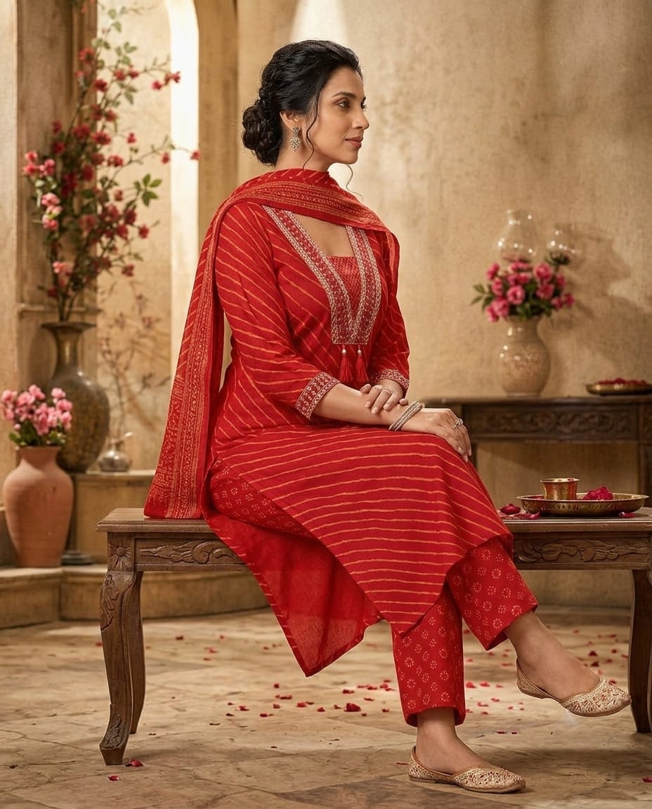 Poppy Rust Cotton Leheriya Palazzo Kurti Set with Dupatta | Kasvi 3-Piece