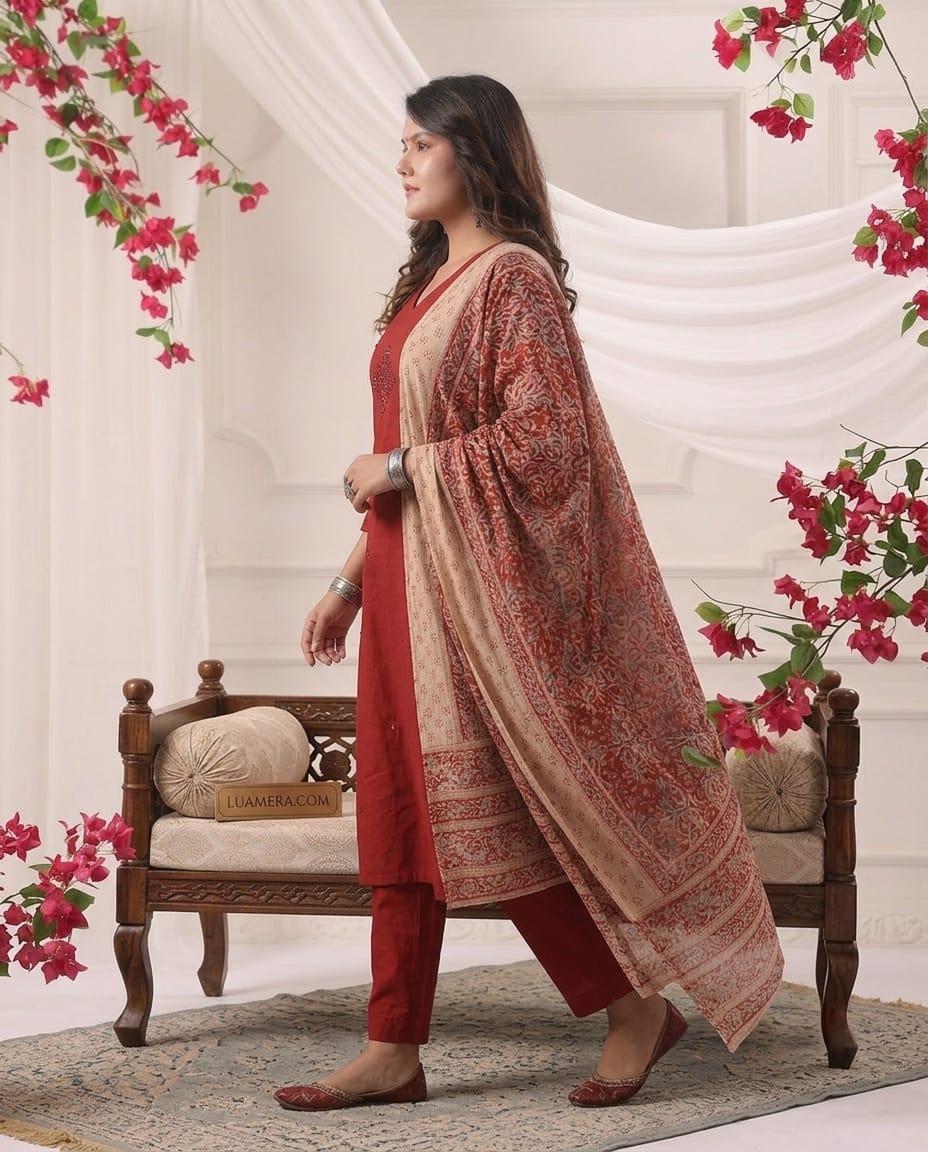 Cotton A-Line Kurti Set with Printed Dupatta | Mirror Work 3-Piece (Copy)
