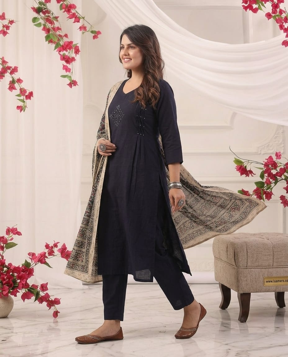 Cotton A-Line Kurti Set with Printed Dupatta | Mirror Work 3-Piece