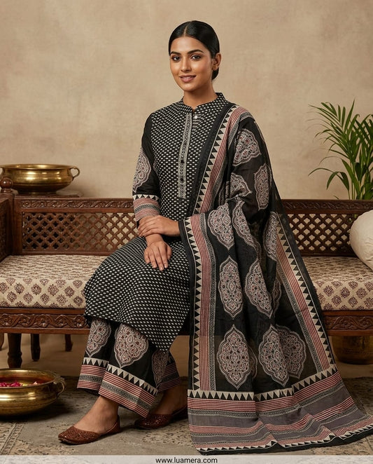 Black Cotton Block Print Palazzo Kurti Set with Dupatta | Ajrakh-Inspired 3-Piece