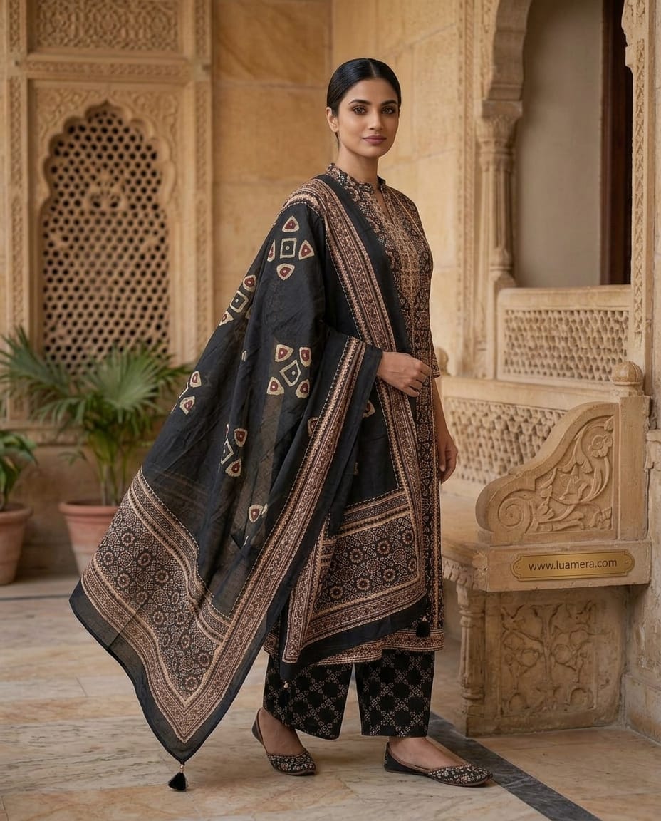 Black Ajrakh Print Anarkali Kurti Set with Dupatta | Premium Cotton 3-Piece