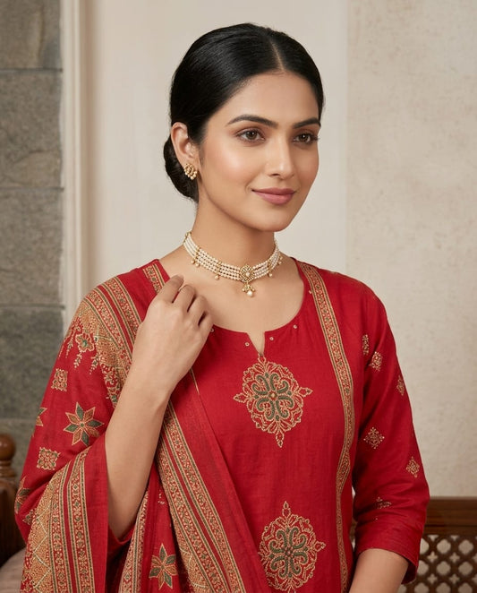 Red Cotton Embroidered Palazzo Kurti Set with Dupatta | Floral Zari Work