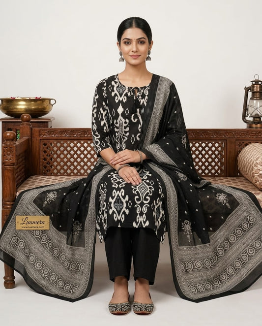 Black Cotton Ikat Print Palazzo Kurti Set with Dupatta | 3-Piece Ethnic Wear