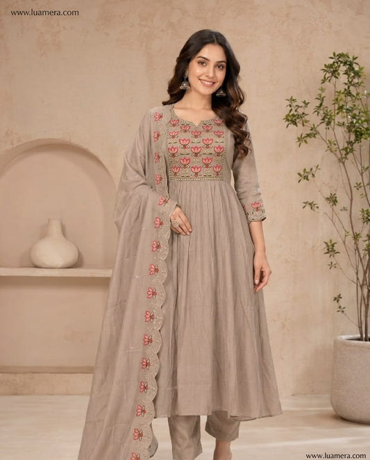 Mouse Grey Mul Chanderi Anarkali Kurti Set with Dupatta | Floral Embroidery