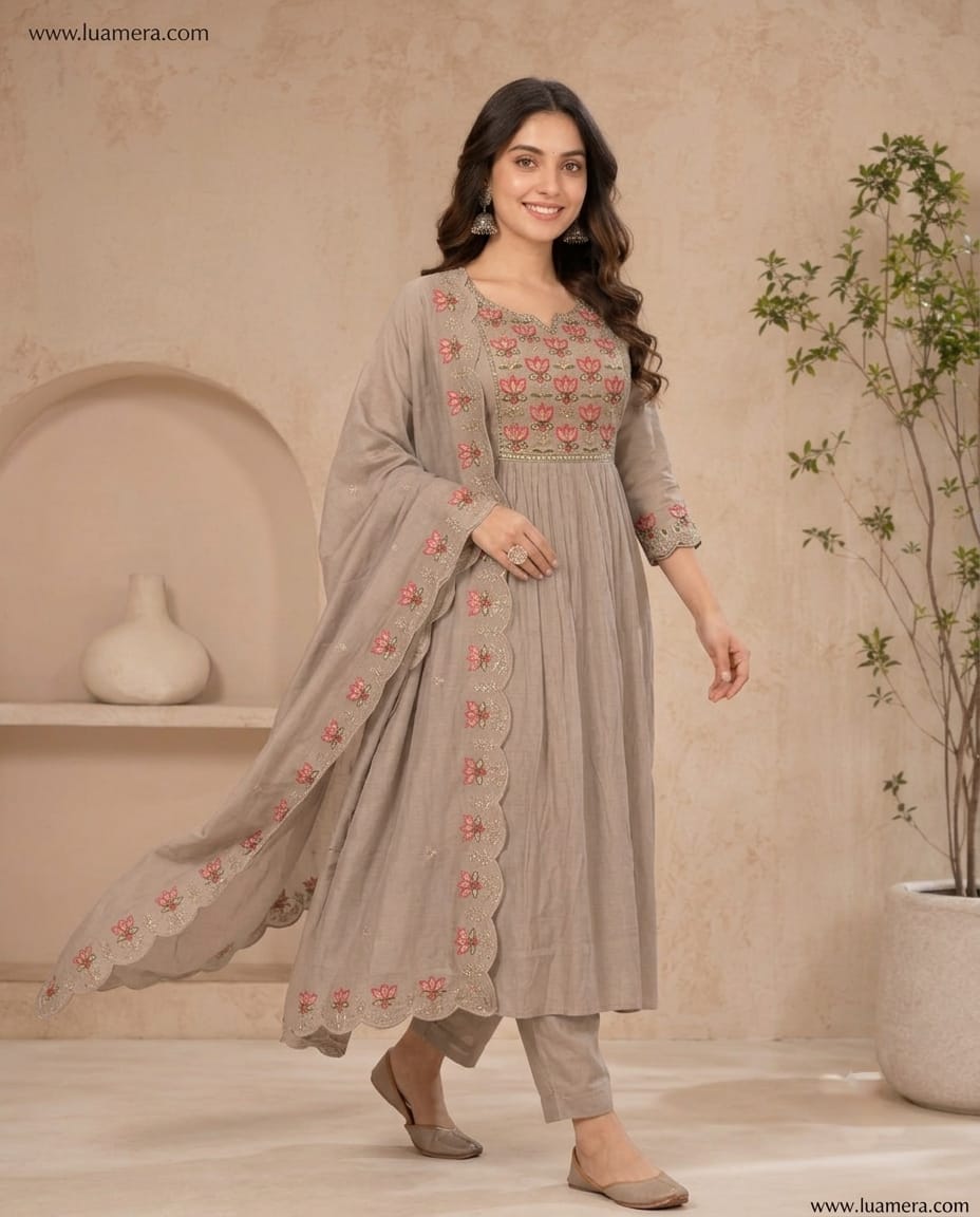 Mouse Grey Mul Chanderi Anarkali Kurti Set with Dupatta | Floral Embroidery