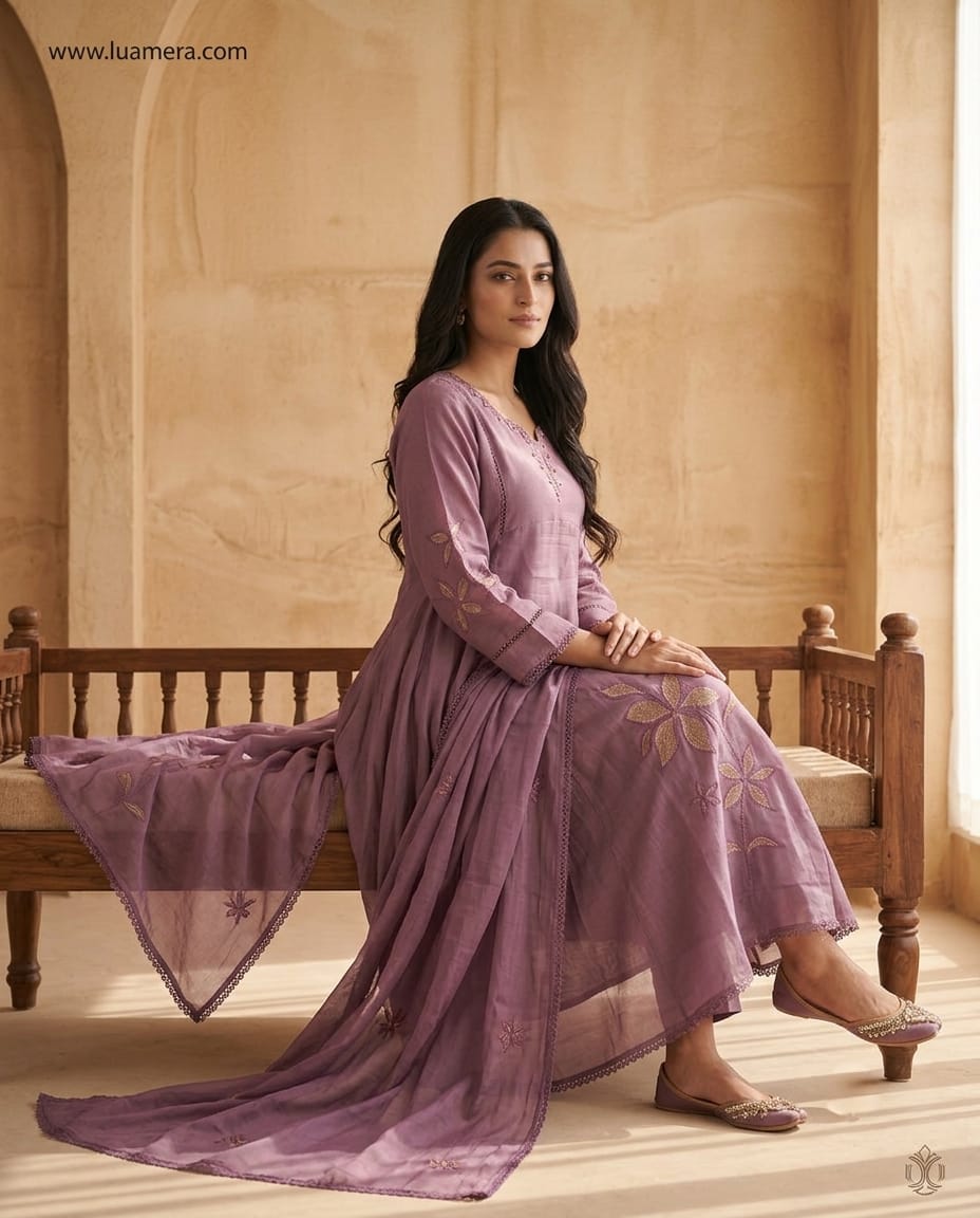 Purple Mul Chanderi A-Line Kurti Set with Dupatta | Floral Embroidery