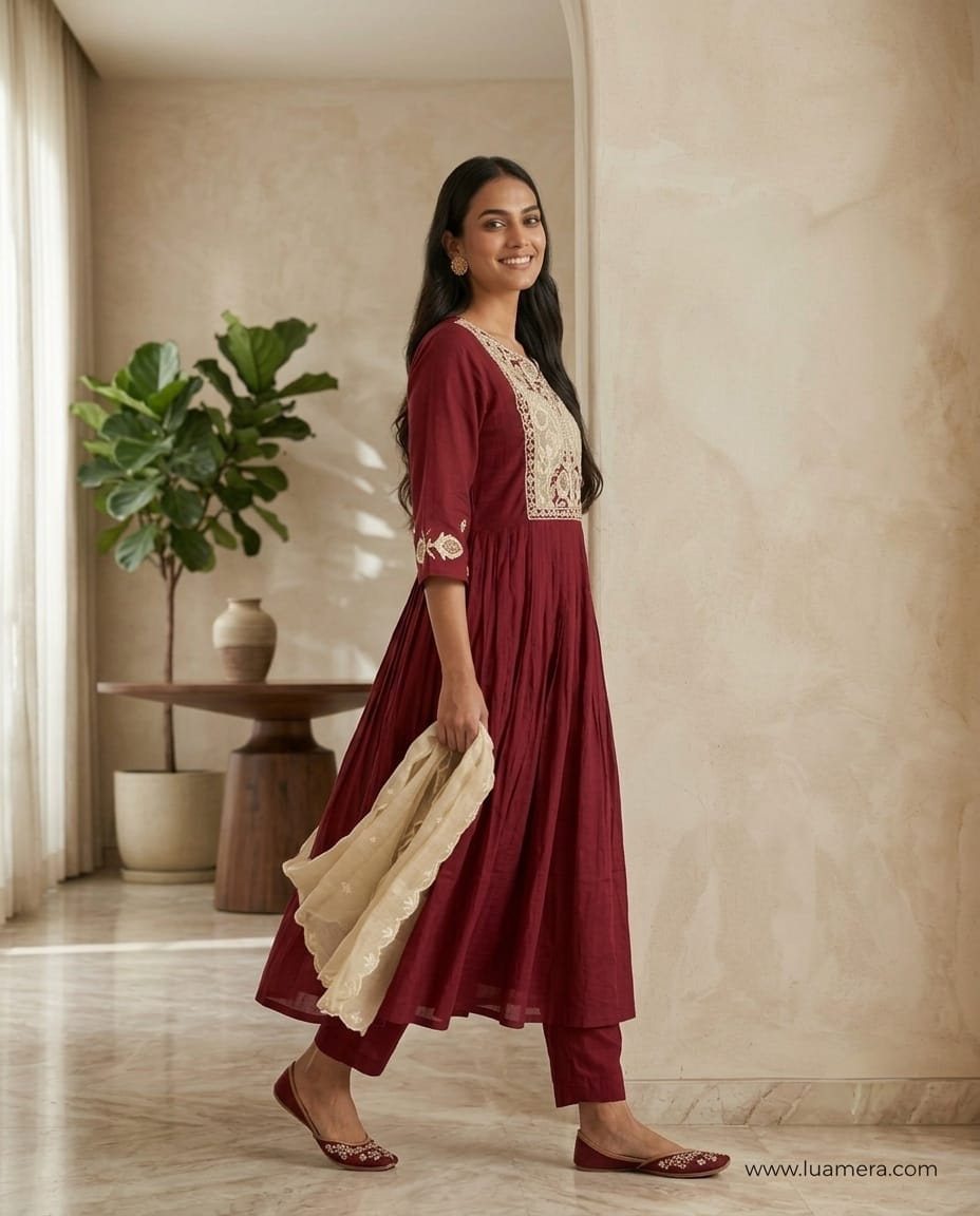 Maroon Mul Chanderi Anarkali Kurti Set with Cream Dupatta | Kari Embroidery