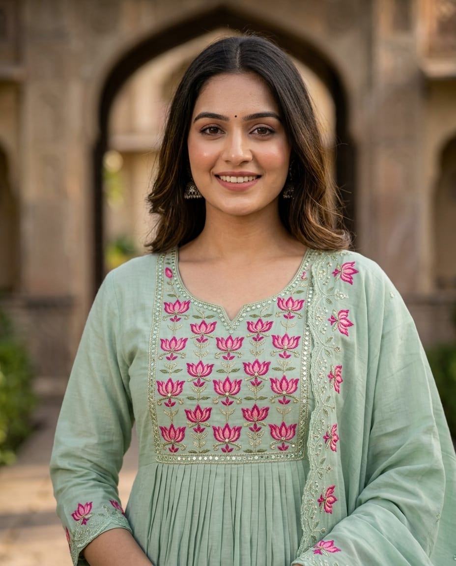 Pista Green Mul Chanderi Anarkali Kurti Set with Dupatta | Lotus Embroidery