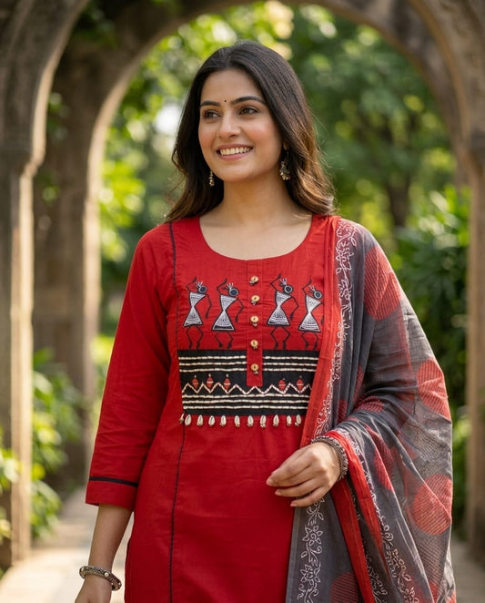 Chili Red Cotton A-Line Kurti Set with Palazzo & Dupatta | Warli Art Embroidery