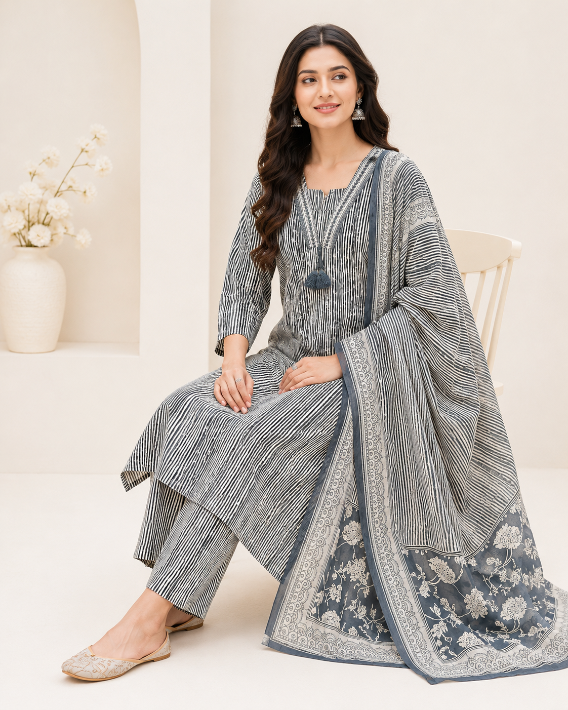 Grey & White Stripe Kurti Set – Cotton Printed 3-Piece