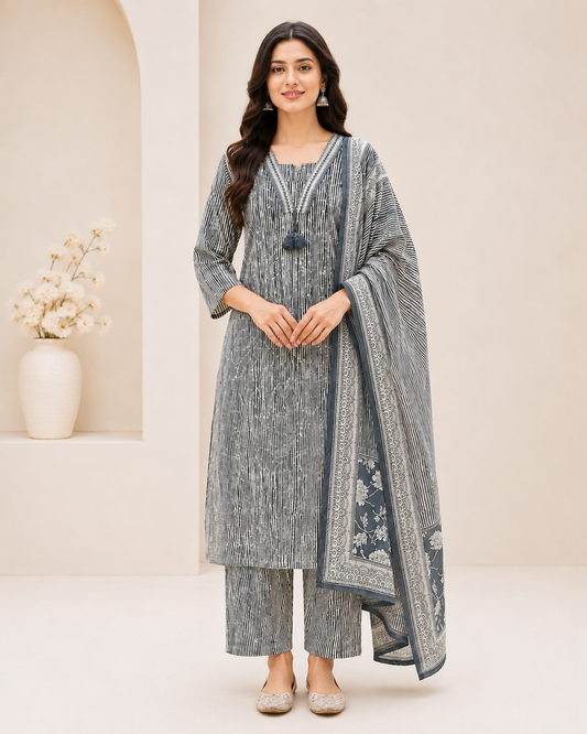 Grey & White Stripe Kurti Set – Cotton Printed 3-Piece