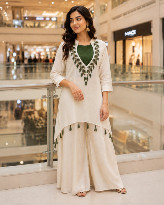 Ivory Leaf Embroidery Palazzo Set – Olive Green