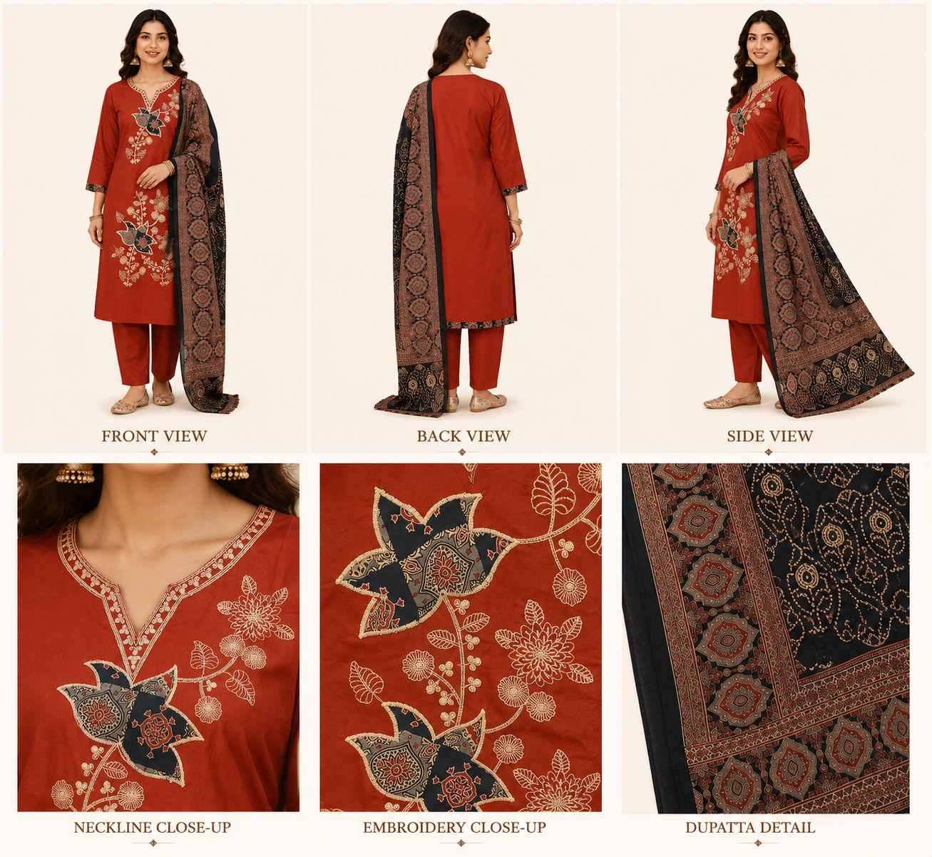 Rust Lotus Embroidered Kurti Set with Ajrakh Dupatta