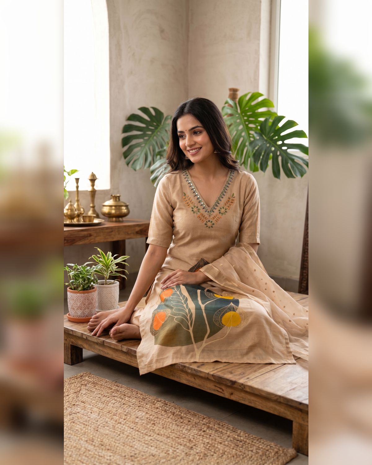 Beige Pichwai Leaf Print Kurti Set