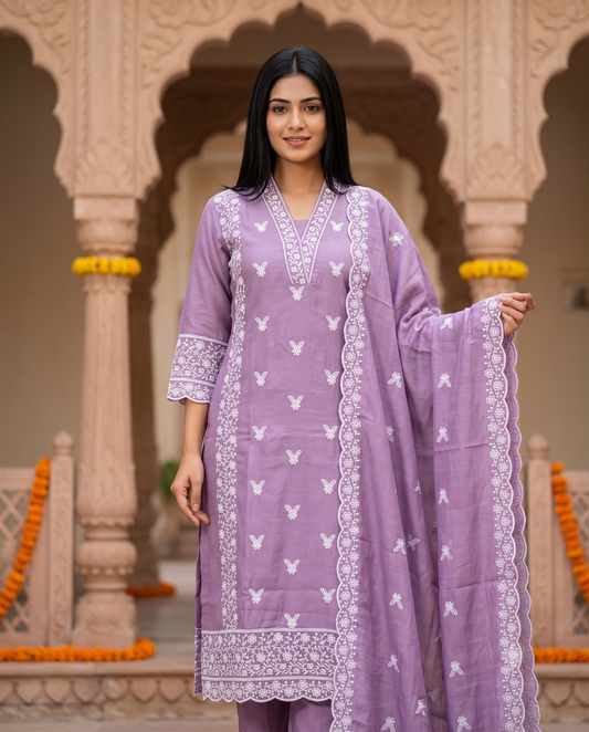 Purple Butterfly Chikankari Kurti Set – Cotton, White Embroidery